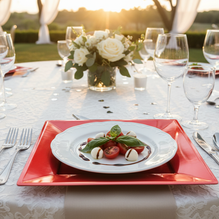 Assiette réutilisable carrée rouge carmin sur une table élégamment dressée pour un mariage, avec fleurs et bougies.