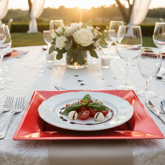 Assiette réutilisable carrée rouge carmin sur une table élégamment dressée pour un mariage, avec fleurs et bougies.