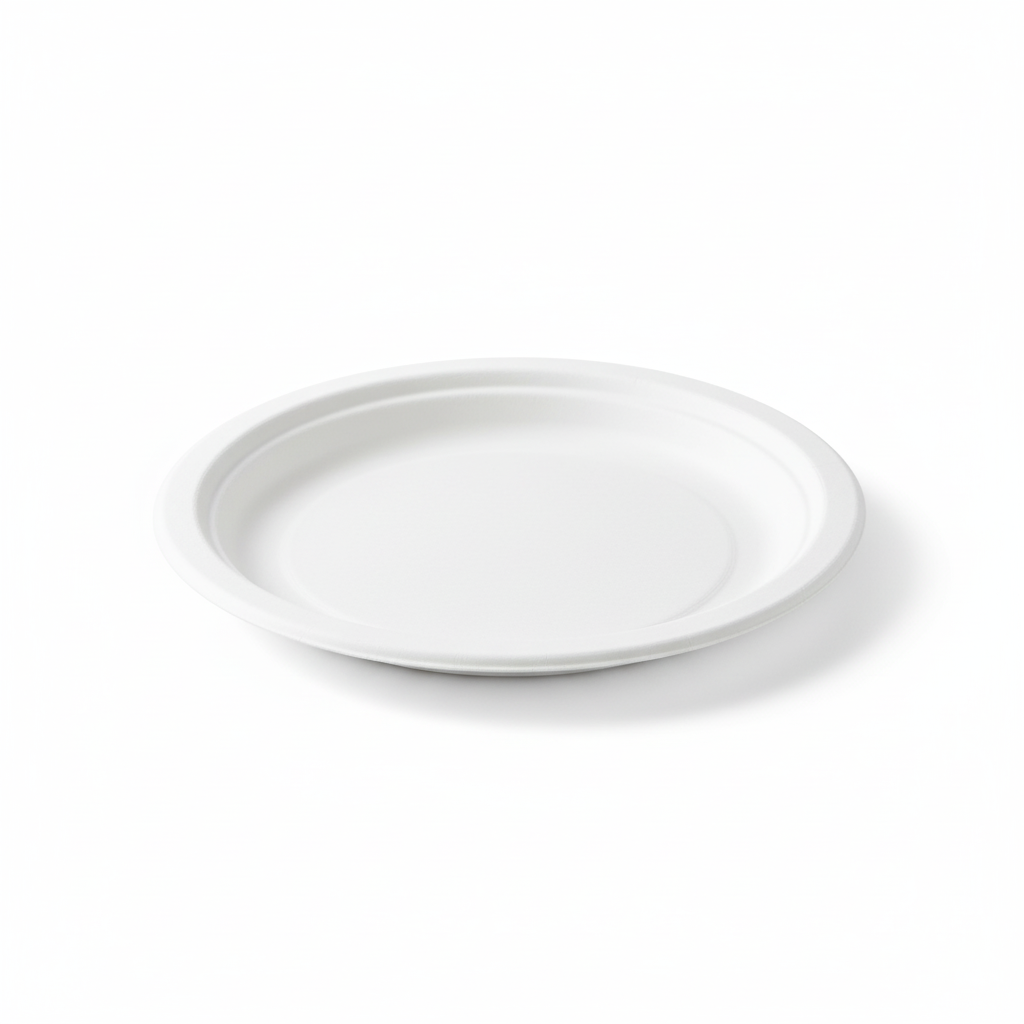 Assiette en carton biodégradable blanche ronde de 18 cm sur fond neutre