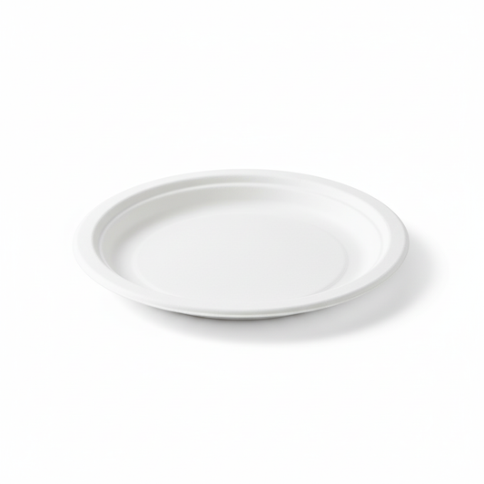 Assiette en carton biodégradable blanche ronde de 18 cm sur fond neutre