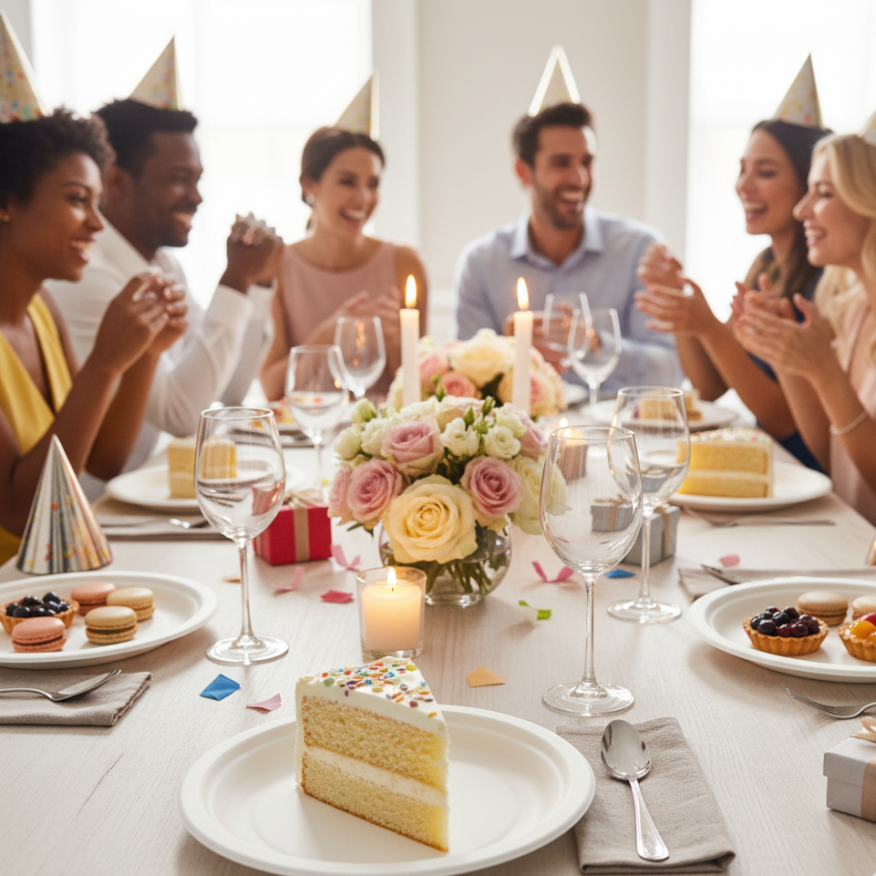Table d'anniversaire élégante décorée avec des assiettes en carton biodégradables blanches.