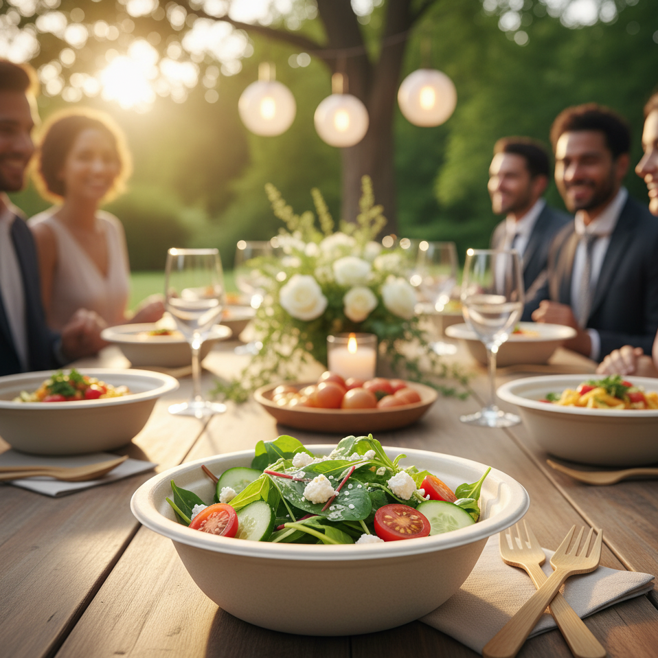 Assiette creuse biodégradable avec une salade fraîche sur une table de buffet chic.
