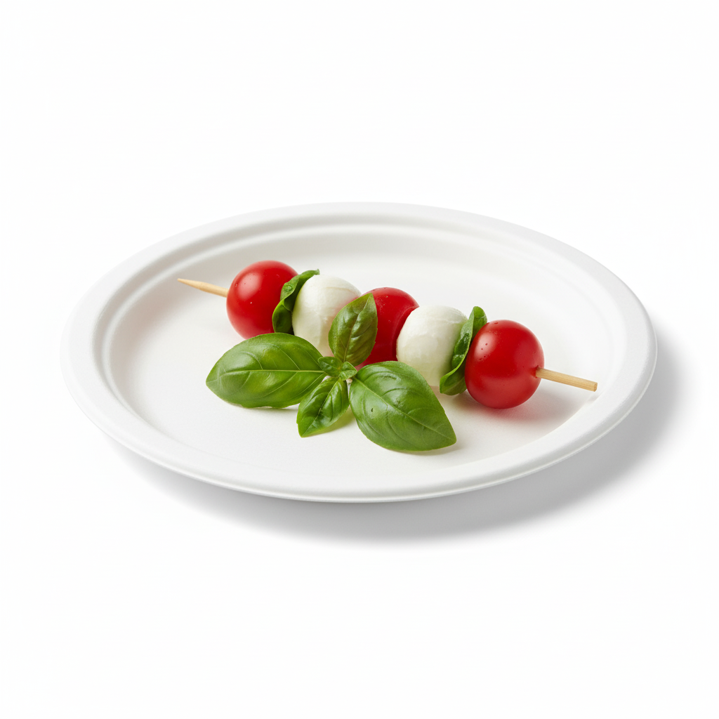 Une assiette ronde biodégradable de 18 cm en fibre de canne, sur laquelle est délicatement posée une brochette apéritive colorée (tomate cerise, mozzarella, basilic), sur un fond blanc épuré mettant en valeur sa texture.