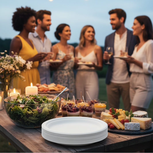 Une pile d'assiettes écologiques blanches en fibre de canne disposée sur un buffet de réception chic en plein air, à côté de salades fraîches et de verrines, prête pour les invités, avec un groupe d'amis souriants en arrière plan.
