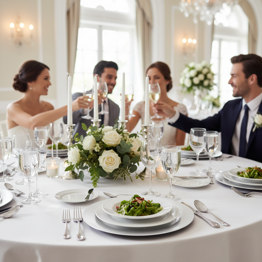 Table de mariage élégante avec des assiettes rondes argent réutilisables, décoration florale.