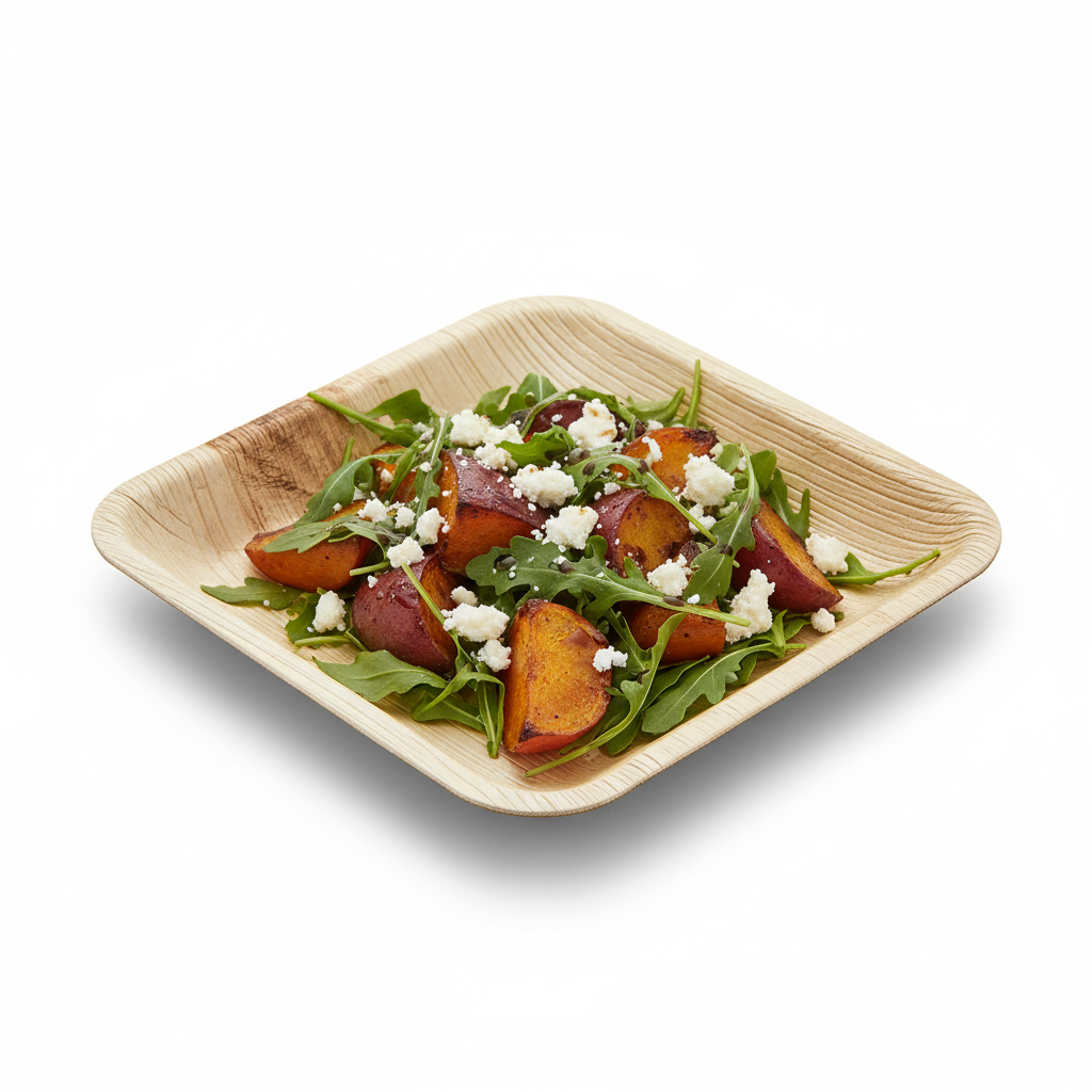 Assiette carrée biodégradable en feuille de palmier (24 cm) posée sur un fond blanc. Elle est remplie de tapas ou d'un plat coloré (par exemple, un risotto aux légumes), mettant en valeur sa texture unique, sa couleur naturelle et sa rigidité.