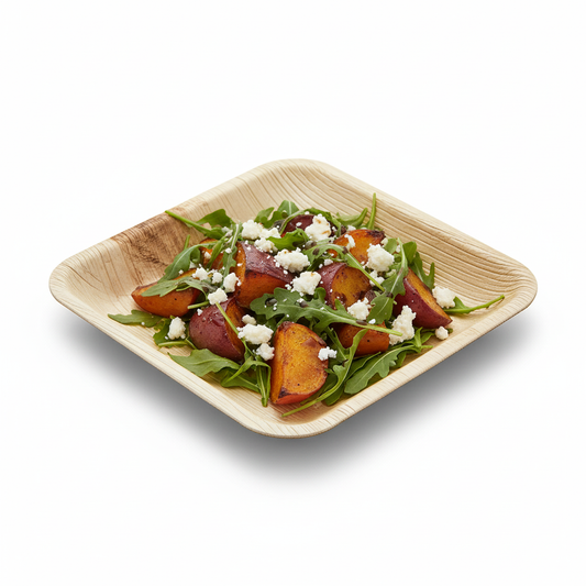 Assiette carrée biodégradable en feuille de palmier (24 cm) posée sur un fond blanc. Elle est remplie de tapas ou d'un plat coloré (par exemple, un risotto aux légumes), mettant en valeur sa texture unique, sa couleur naturelle et sa rigidité.