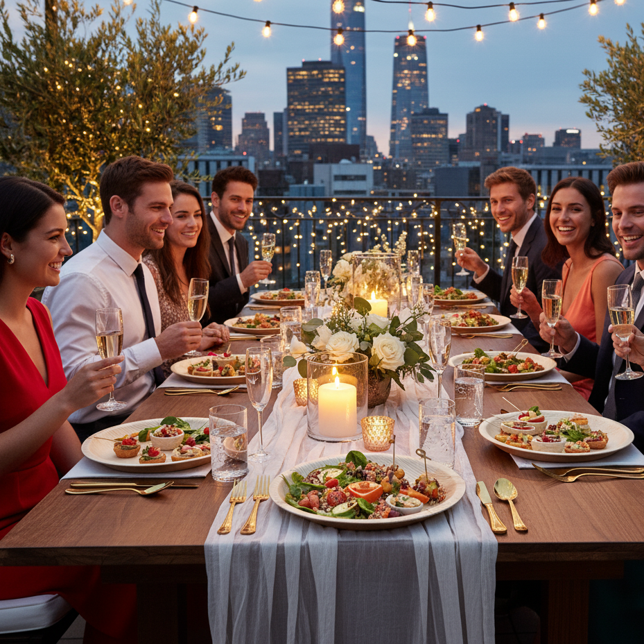 Assiettes rondes en feuille de palmier de 24 cm utilisées lors d'un dîner festif et chic sur un rooftop urbain au crépuscule. Des convives élégamment vêtus sont assis autour d'une longue table en bois décorée de bougies et de fleurs, des guirlandes lumineuses en arrière-plan et des gratte-ciel en fond. Les assiettes sont garnies de petits plats sophistiqués, soulignant leur adaptabilité à des événements haut de gamme.