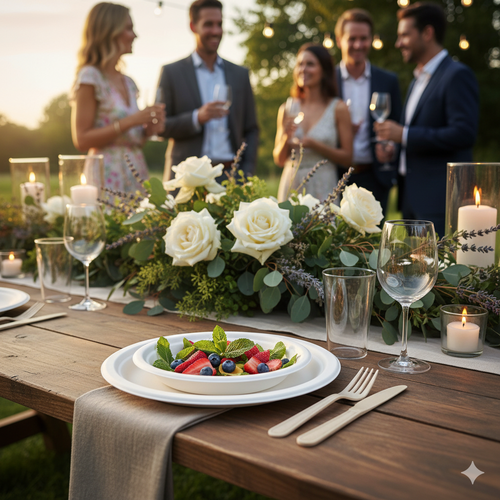 Table de réception chic et éco-responsable avec des assiettes rondes en fibre de canne à sucre et vaisselle assortie.