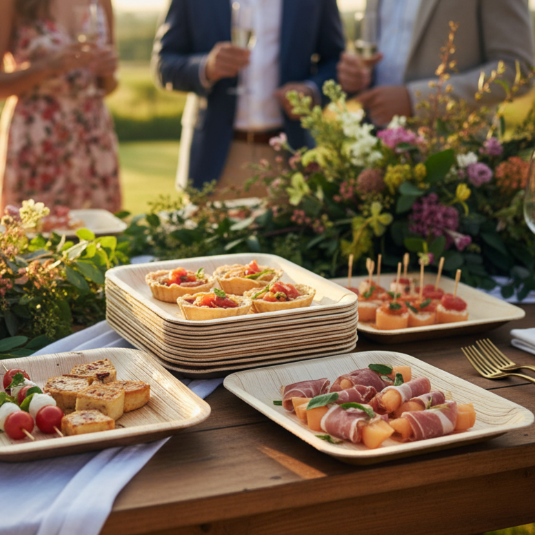 Scène d'un buffet élégant et lumineux, par exemple une réception en extérieur ou une fête de mariage champêtre chic. L'assiette carrée en feuille de palmier de 18 cm, reconnaissable à sa texture naturelle, est remplie de petits-fours ou de tapas gastronomiques et colorés (mini-plats froids ou chauds). L'assiette est posée sur une table dressée avec soin (nappe en lin, décoration florale), soulignant son aspect haut de gamme, festif et éco-responsable.
