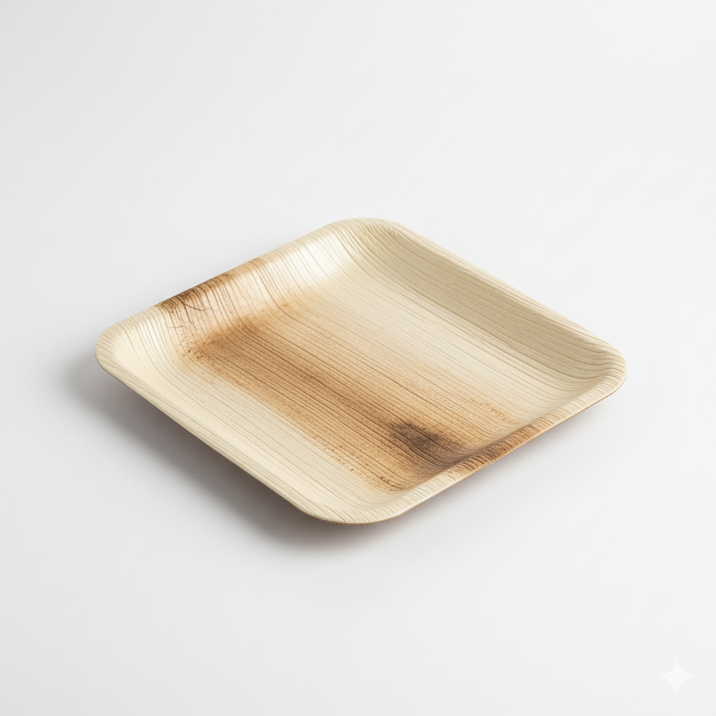 Une assiette carrée Premium 18 cm en feuille de palmier, avec ses bords légèrement relevés et sa texture naturelle caractéristique, posée seule sur un fond blanc pur et lumineux. L'éclairage est doux et uniforme pour bien mettre en évidence les détails du veinage de la feuille de palmier et les angles droits de l'assiette. Le produit est net et facilement visible, sans aucun remplissage.