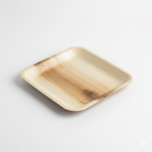 Une assiette carrée Premium 18 cm en feuille de palmier, avec ses bords légèrement relevés et sa texture naturelle caractéristique, posée seule sur un fond blanc pur et lumineux. L'éclairage est doux et uniforme pour bien mettre en évidence les détails du veinage de la feuille de palmier et les angles droits de l'assiette. Le produit est net et facilement visible, sans aucun remplissage.