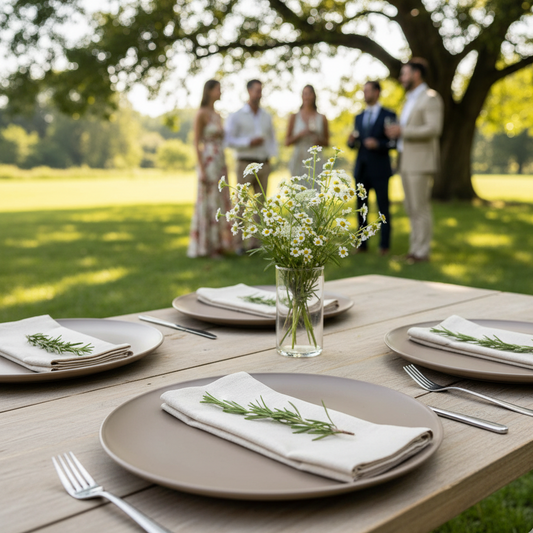 Assiettes incassables rondes taupe dressées sur une table élégante en extérieur, pour un déjeuner décontracté ou un événement chic.