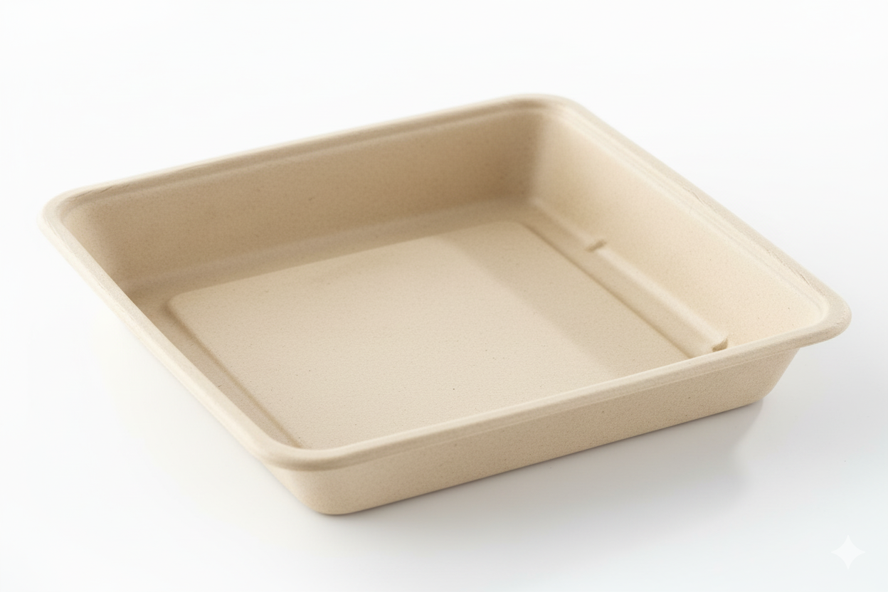 Gros plan d'une barquette carrée biodégradable en pulpe de 23x23 cm sur fond blanc studio, mettant en valeur sa texture naturelle et sa robustesse.