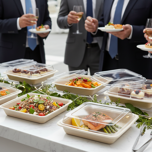 Barquettes carrées en pulpe bio remplies de plats traiteur gourmands (salade fraîche, plat chaud) sur un buffet moderne et élégant lors d'un événement.