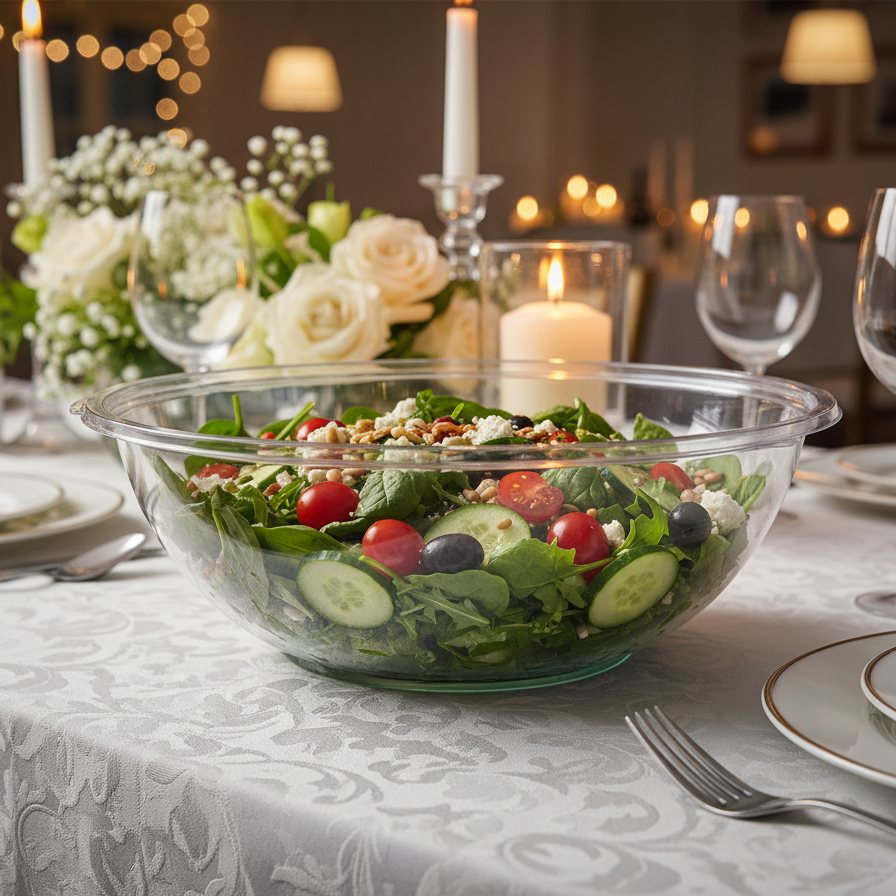Saladier Réutilisable Cristal 1.5L rempli d'une salade fraîche et colorée, posé sur une table de buffet élégante lors d'une réception haut de gamme.
