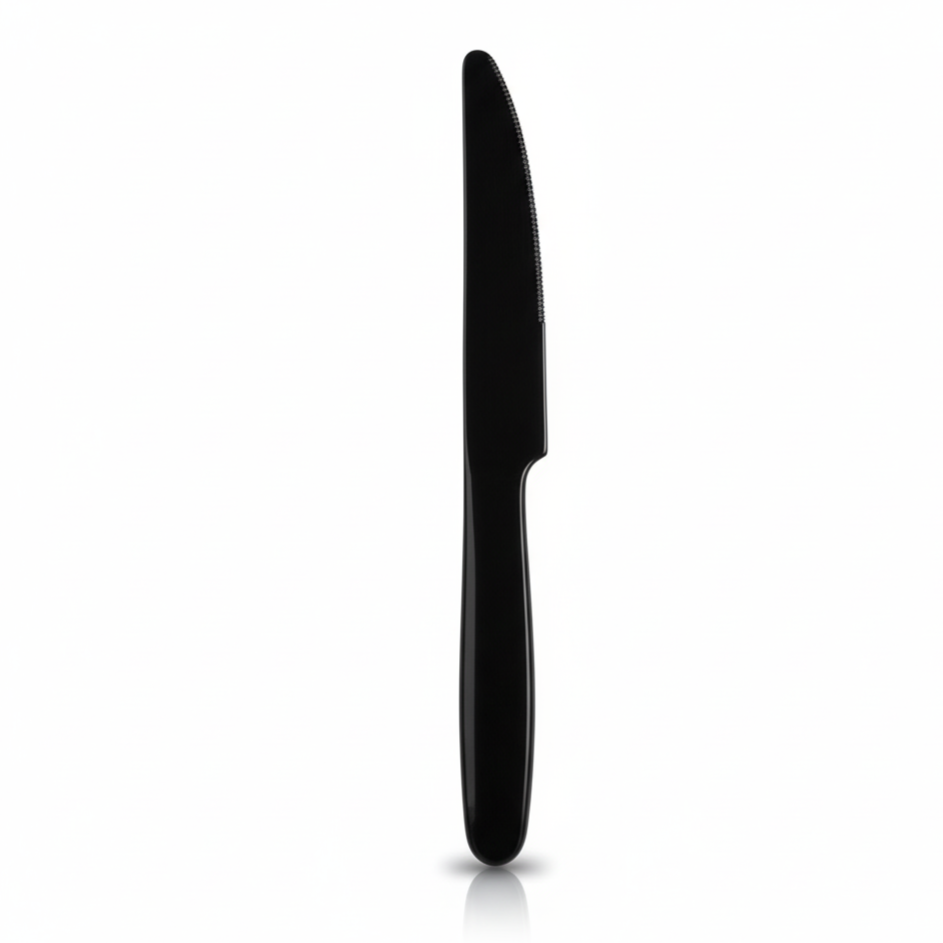 Couteau de table noir 17,5cm Lux by Starck, réutilisable et rigide, vue profil studio.