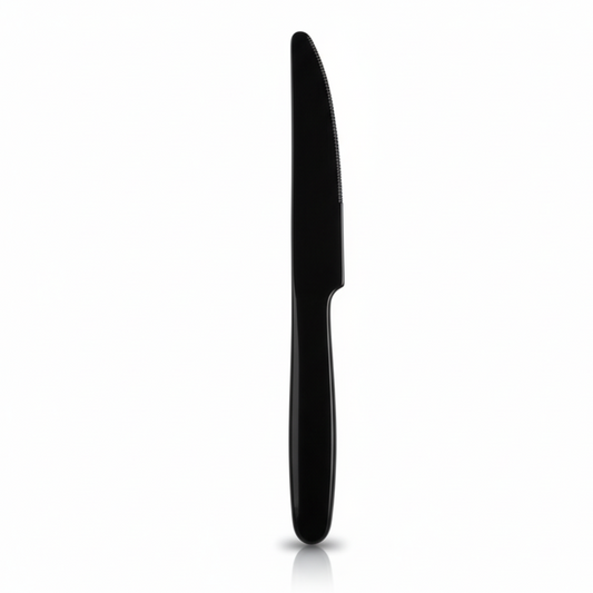 Couteau de table noir 17,5cm Lux by Starck, réutilisable et rigide, vue profil studio.