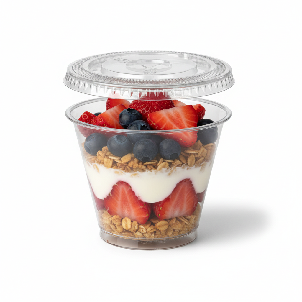 Le couvercle plat transparent en plastique PET de 90 mm est montré clairement. Il est posé sur un pot à dessert 25 cl, lui aussi transparent et rempli d'un dessert coloré (par exemple, une mousse ou une salade de fruits), illustrant la fonction de protection et l'herméticité. Le fond est blanc épuré, avec un éclairage qui accentue la transparence et la brillance du couvercle.