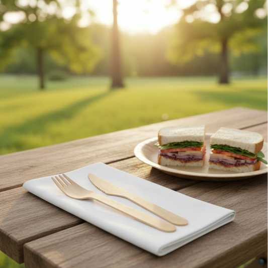 Une table de pique-nique chic dressée avec une assiette en feuille de palmier, un couteau et une fourchette en bois assortis sur une serviette en lin, dans un cadre naturel et ensoleillé.
