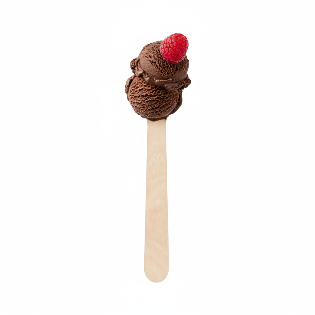 Cuillère à café en bois de bouleau "Le P'tit Plaisir" en gros plan, posée sur un fond blanc éclatant. La cuillère est remplie de grains de café ou d'une petite boule de glace au chocolat, bien éclairée, mettant en valeur la texture naturelle du bois clair.