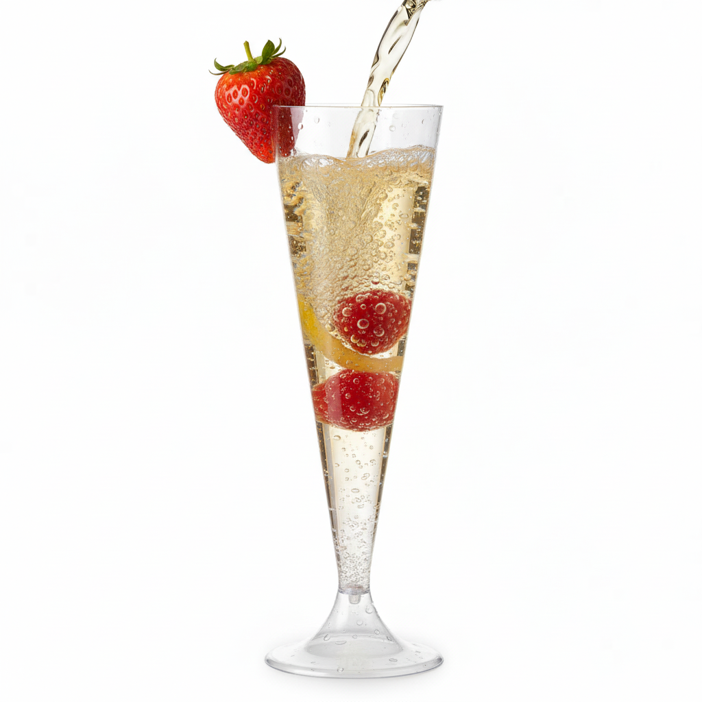 Prise de vue en studio d'un verre à champagne de type flûte, haut et élancé, sur un fond parfaitement blanc.