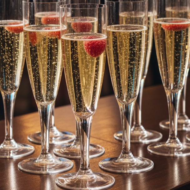 Plusieurs flûtes à champagne transparentes, remplies de champagne, disposées élégamment sur un bar de réception lors d'une fête chic. L'arrière-plan flou révèle des lumières tamisées et des personnes élégamment vêtues, créant une ambiance festive et sophistiquée.