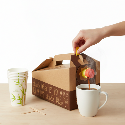 Gros plan studio sur une fontaine distributrice Bag-in-Box de 3 litres en carton kraft, avec un motif de tasses à café et de verres à vin en marron. Le bouchon distributeur (jaune et orange) est mis en avant. L'image montre clairement l'inscription de précautions pour liquides chauds. Le carton est propre et bien éclairé, suggérant l'utilisation pour jus de fruits froids ou eau.