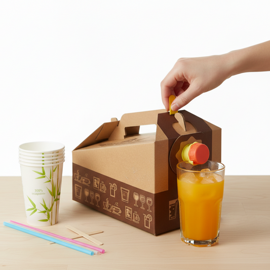 Bag-in-Box de 3 litres en action sur un comptoir de service lors d'une réception d'entreprise ou un mariage en extérieur. La boîte est posée sur une table dressée avec des gobelets écologiques (bambou ou papier) et des tasses. Un traiteur ou un invité est en train de se servir du vin ou du café grâce au bouchon distributeur. L'ambiance est festive et met en avant la facilité de service pour les boissons chaudes ou froides.