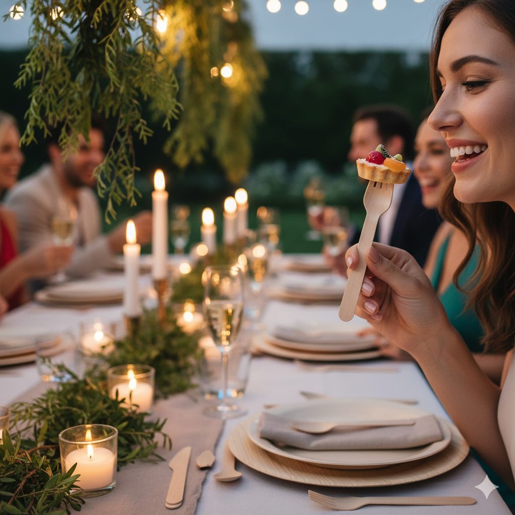 Scène festive et chic en extérieur. On voit une main féminine tenant la fourchette en bois de bouleau "Le Naturel" pour piquer un morceau de tarte aux fruits. La fourchette est utilisée sur une table dressée avec d'autres couverts et une assiette en feuille de palmier. L'ambiance est lumineuse, entourée de convives souriants lors d'un mariage ou d'une réception.