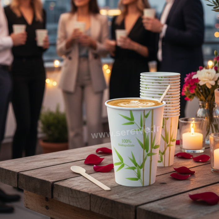 Plan rapproché sur un buffet extérieur, montrant des gobelets en bambou de 20 cl utilisés par des participants à une conférence ou un événement d'entreprise éco-responsable. Les gobelets sont posés sur une table en bois naturel à côté d'une carafe d'eau fruitée, soulignant l'aspect pratique, réutilisable et le choix durable pour le service des boissons chaudes et froides