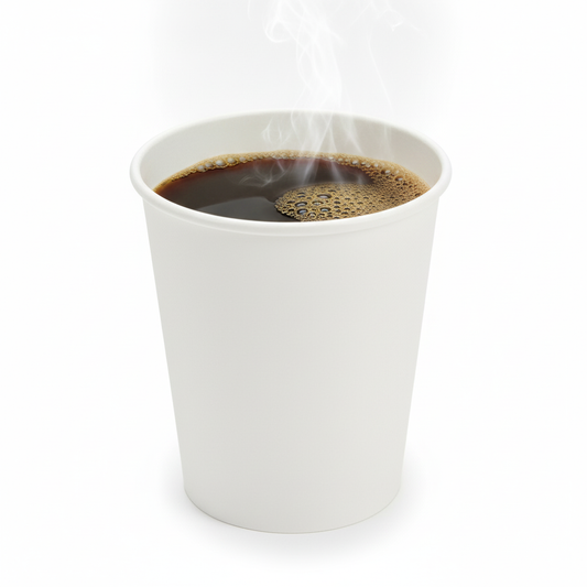 Un gobelet en carton blanc de 17 cl fabriqué en France, rempli d'un café fraîchement coulé avec une légère mousse, sur un fond blanc lumineux.