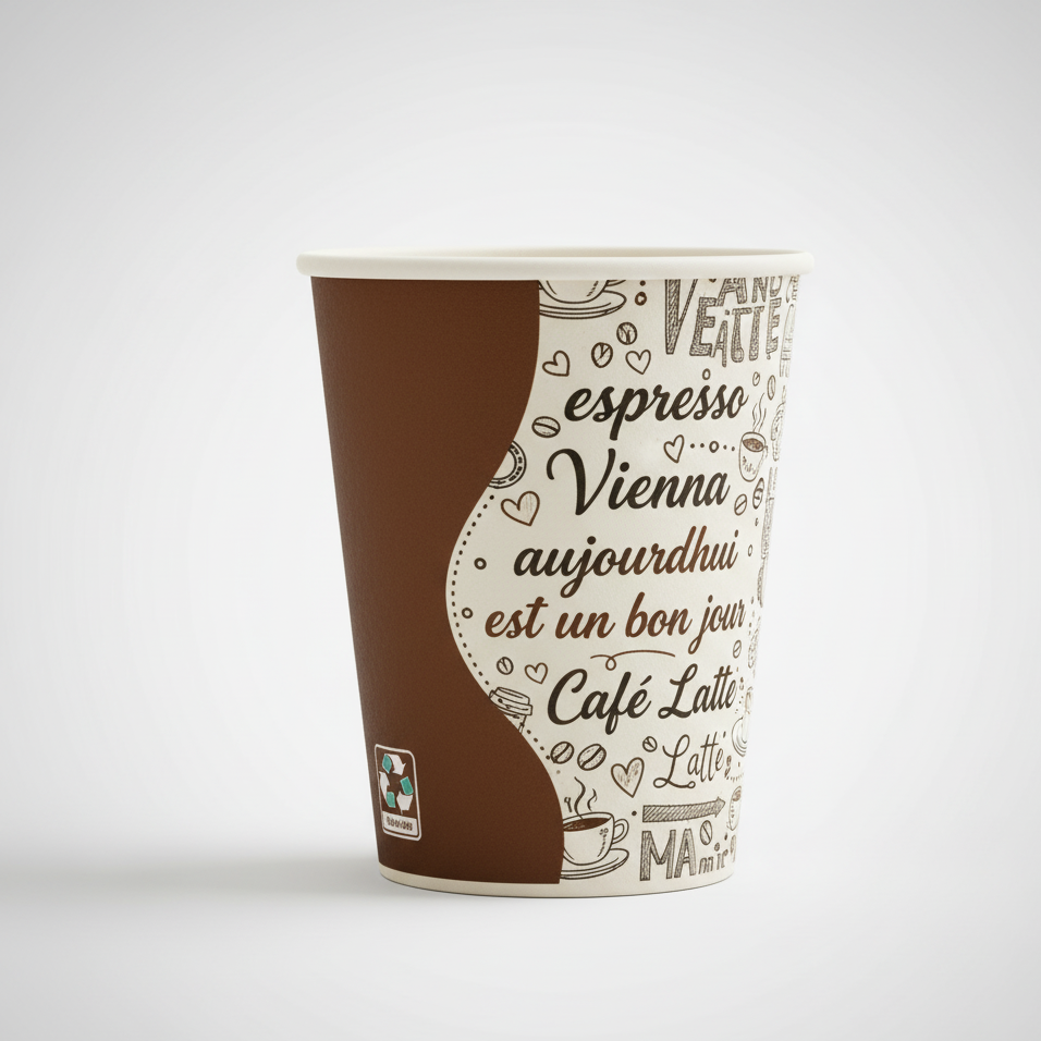 Gobelet en carton imprimé de 110 ml pour expresso, sur fond neutre, mettant en valeur son design et ses motifs.