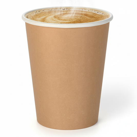 Gobelet en carton kraft de 24 cl, rempli de café chaud avec de la mousse. Il est posé sur un fond blanc pour mettre en valeur sa couleur naturelle et sa texture, avec un éclairage professionnel.