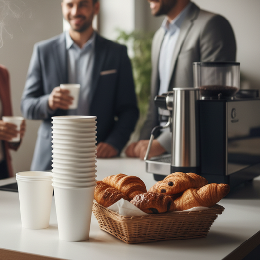 Une scène de pause-café dans un bureau moderne. Une main tient un gobelet en carton rempli, tandis qu'une pile de gobelets est visible à côté d'une machine à café et de viennoiseries.