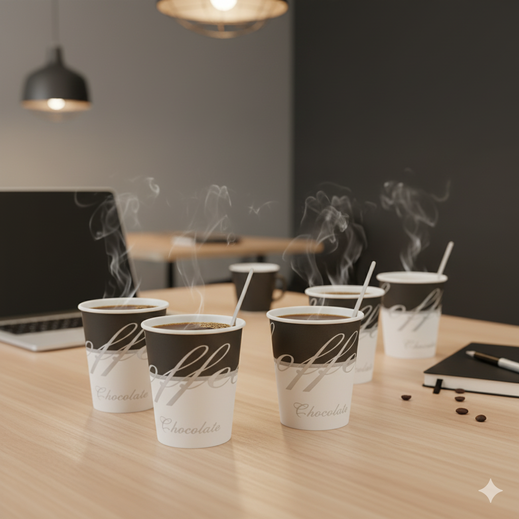 Gobelets en carton Coffee Chic remplis de café lors d'une pause au bureau ou d'un événement professionnel.