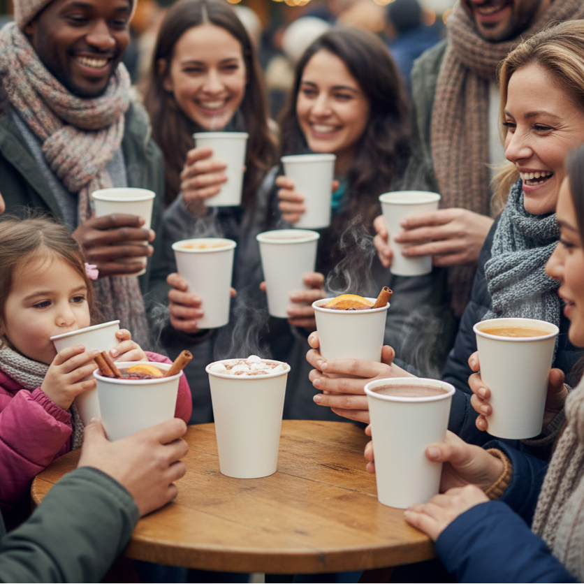 Scène d'un événement festif en extérieur (par exemple, un festival de musique en journée, un marché de Noël animé ou un événement sportif convivial) où des personnes de tous âges tiennent et utilisent les gobelets en carton kraft blancs de 30/35 cl. On voit des gobelets remplis de différentes boissons (jus de fruits, bière, vin chaud, soupe) avec des gens souriants et engagés dans l'activité.