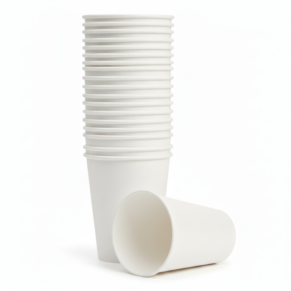 Une pile de gobelets en carton kraft blanc de 30/35 cl, parfaitement empilés sur un fond blanc épuré. Un gobelet est posé devant la pile, légèrement incliné, montrant l'intérieur et l'extérieur du carton, tous deux de couleur blanche unie, avec un focus sur la texture mate et la finition soignée.