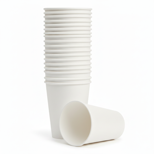Une pile de gobelets en carton kraft blanc de 30/35 cl, parfaitement empilés sur un fond blanc épuré. Un gobelet est posé devant la pile, légèrement incliné, montrant l'intérieur et l'extérieur du carton, tous deux de couleur blanche unie, avec un focus sur la texture mate et la finition soignée.