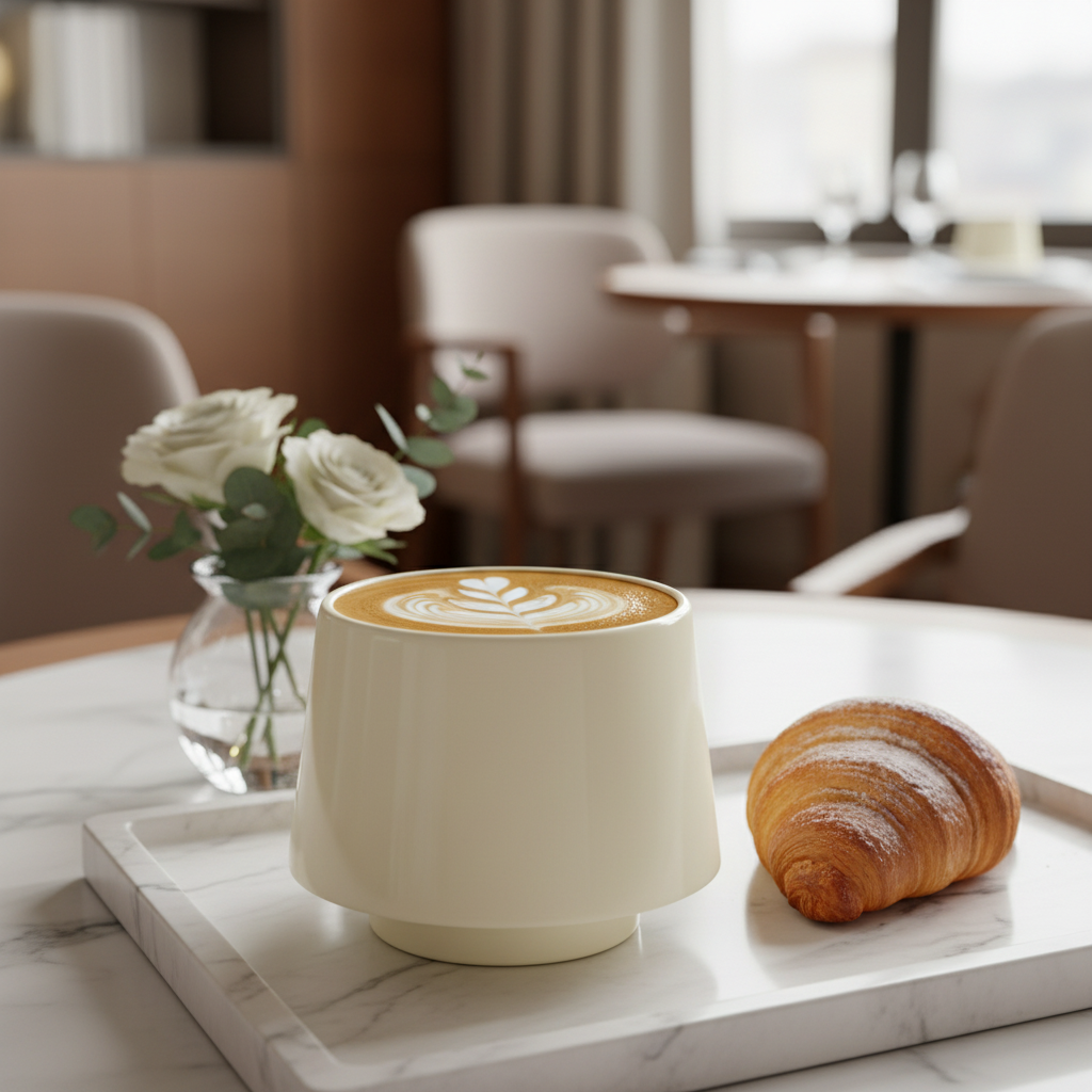 Tasse Starck réutilisable 20cl ivoire avec cappuccino sur plateau hôtel