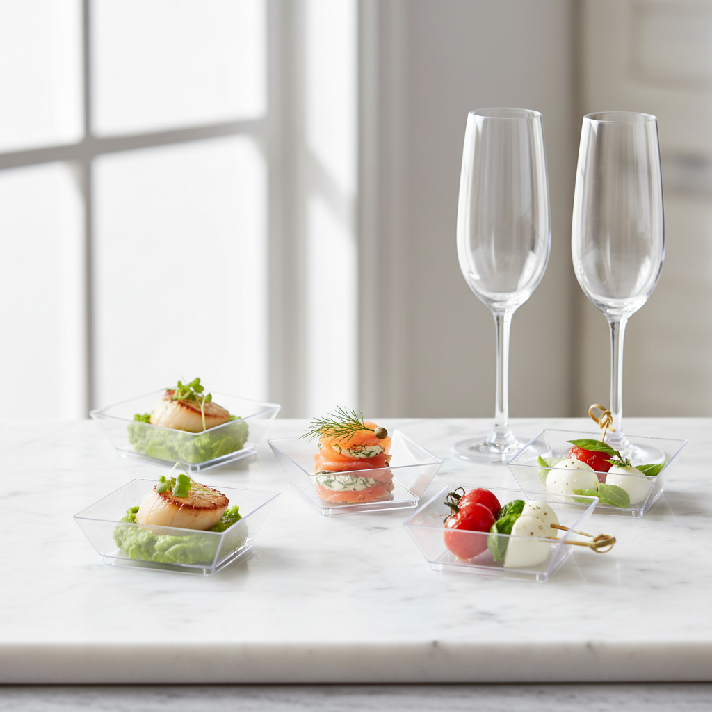 Verrines carrées cristal sur marbre apéritif chic