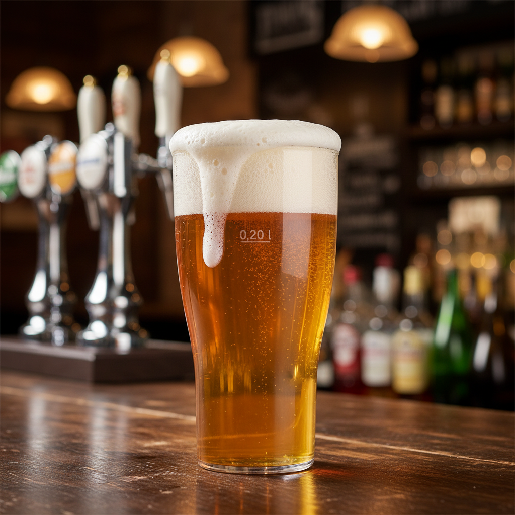Verre à bière incassable 36cl polycarbonate rempli de bière ambre sur comptoir de bar