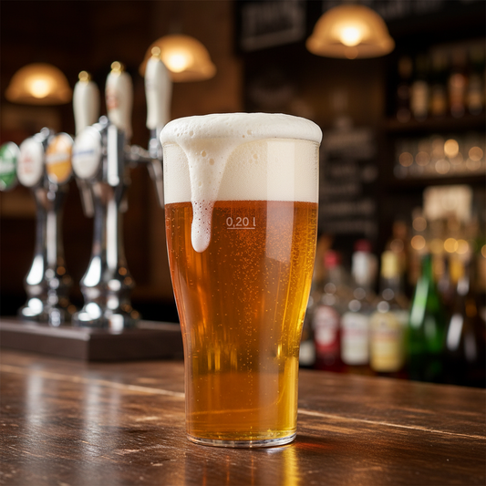 Verre à bière incassable 36cl polycarbonate rempli de bière ambre sur comptoir de bar