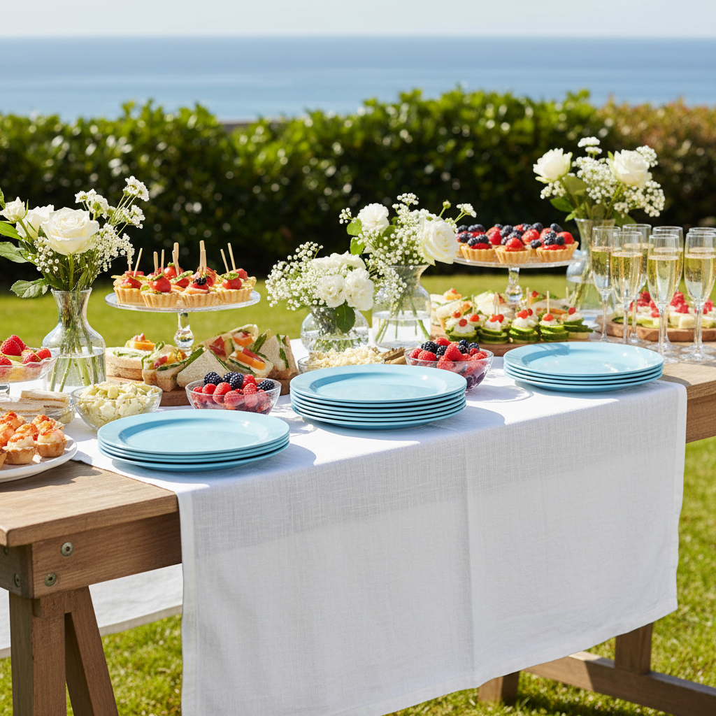 Assiettes rondes bleu ciel 24 cm sur buffet garden party estival avec fleurs blanches et champagne
