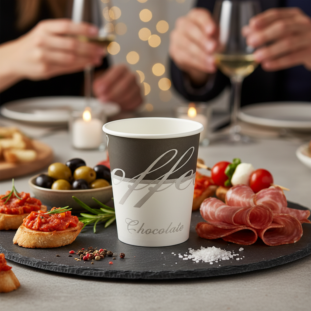 Gobelet carton Coffee Chic sur ardoise avec charcuterie et apéritif élégant