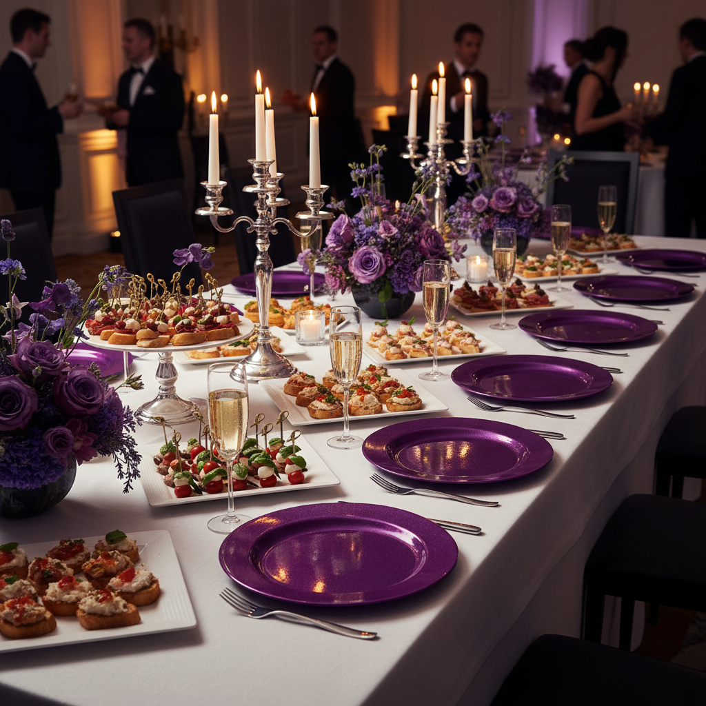 Assiettes rondes pourpre paillетées 24 cm sur buffet gala black-tie avec champagne et fleurs pourpres
