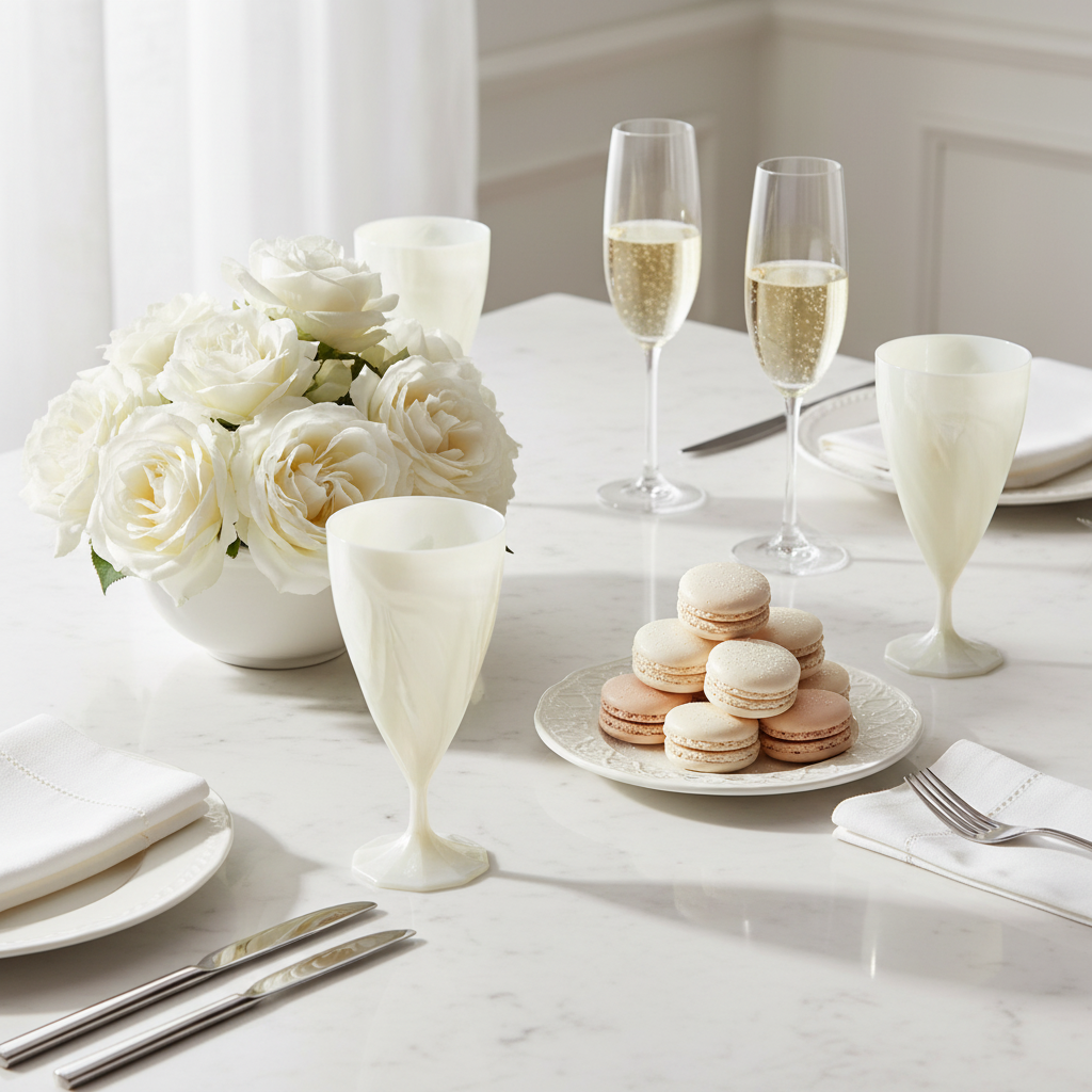 Verre à eau torsadé blanc nacré 20cl sur marbre blanc avec roses et macarons