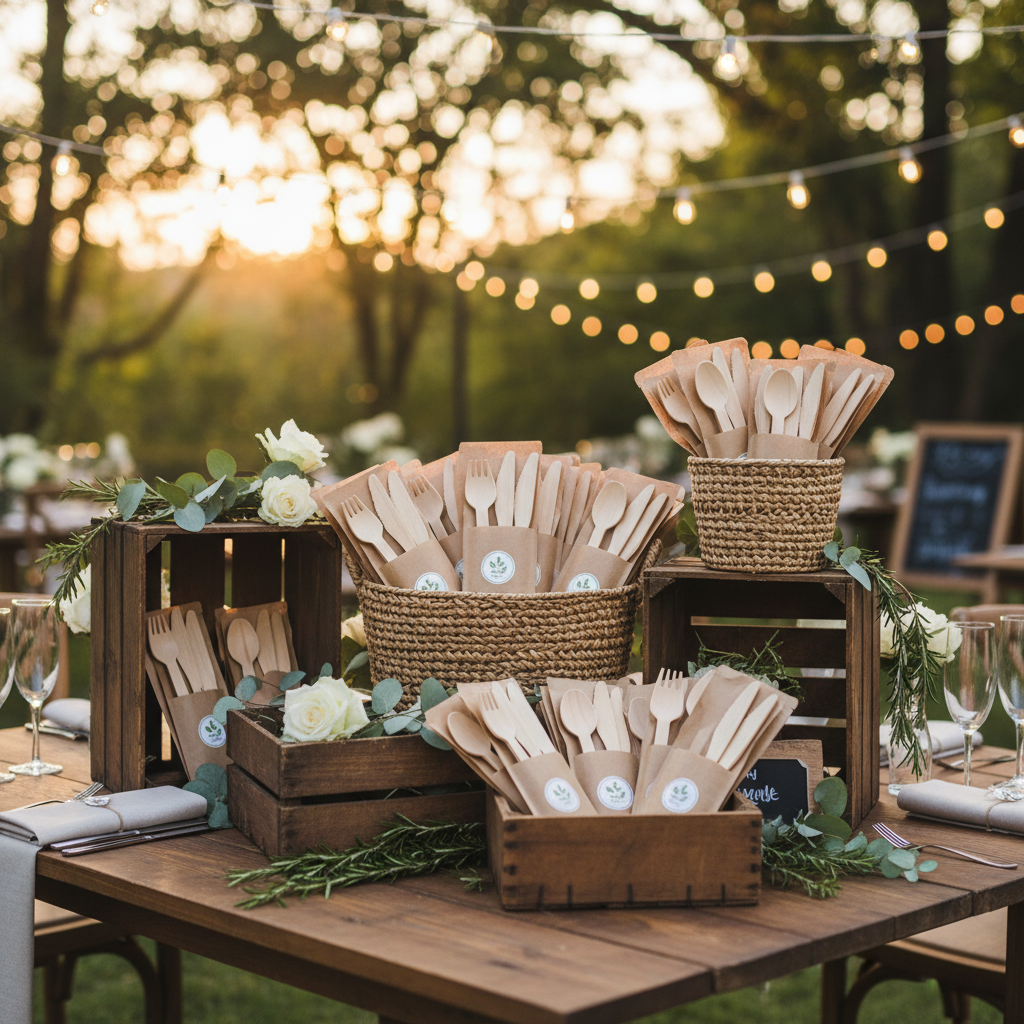 Packs couverts bois biodégradables sur table mariage extérieur avec guirlandes et verdure