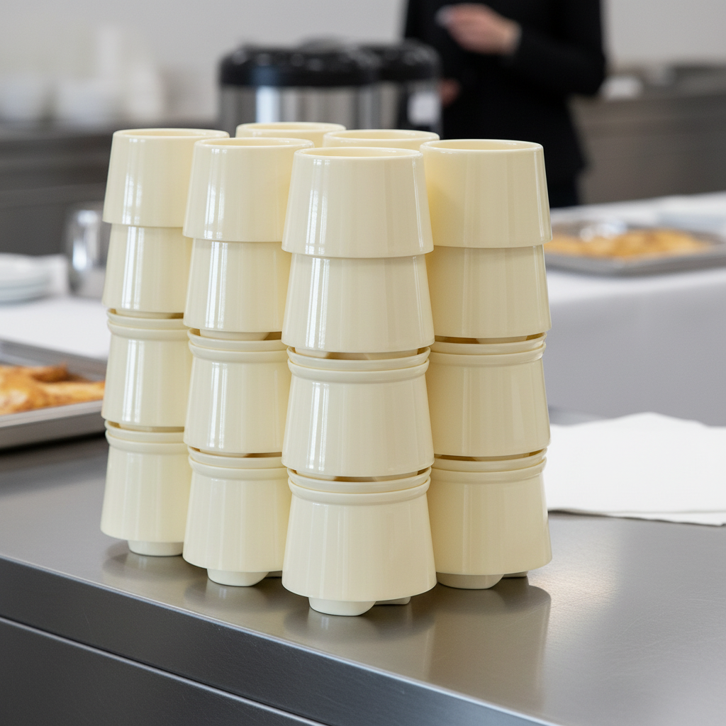 Tasses Starck réutilisables 20cl ivoire empilées sur comptoir de service traiteur