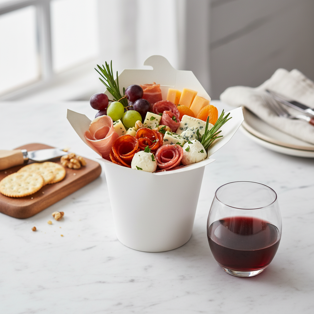 Boîte à pâtes en carton blanc 480 ml sur marbre blanc avec apéritif sophistiqué